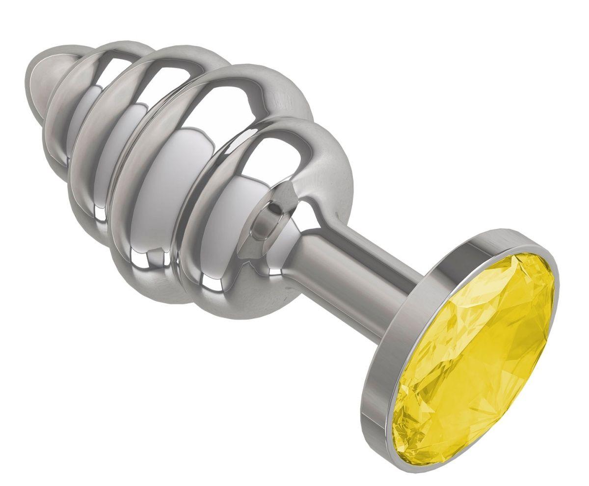 Серебристая спиралевидная анальная пробка с желтым кристаллом - 7 см.-4256