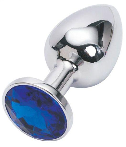 Серебряная металлическая анальная пробка с синим стразиком - 7