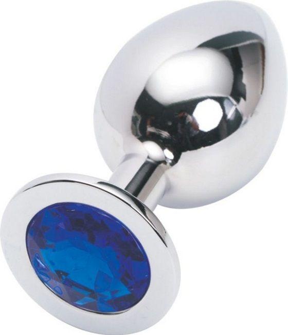 Серебряная металлическая анальная пробка среднего размера с синим стразиком - 8