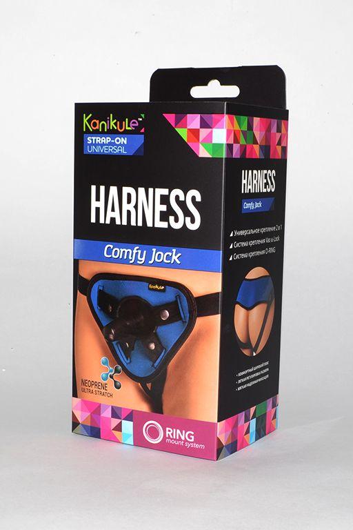Сине-чёрные трусики-джоки Kanikule Strap-on Harness universal Comfy Jock с плугом и кольцами-8427