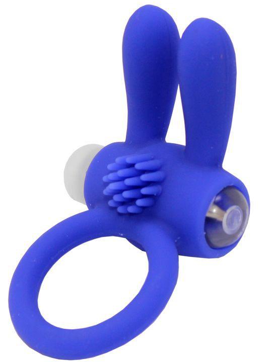 Синее эрекционное кольцо «Зайчик» с мини-вибратором-3563