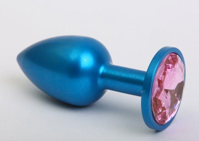 Синяя анальная пробка с розовым кристаллом - 8