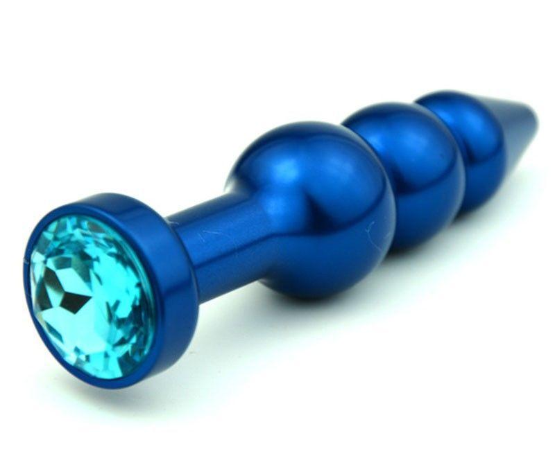 Синяя фигурная анальная пробка с голубым кристаллом - 11