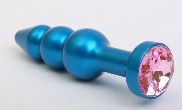 Синяя фигурная анальная пробка с розовым кристаллом - 11
