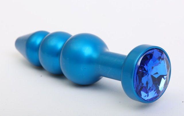 Синяя фигурная анальная пробка с синим кристаллом - 11