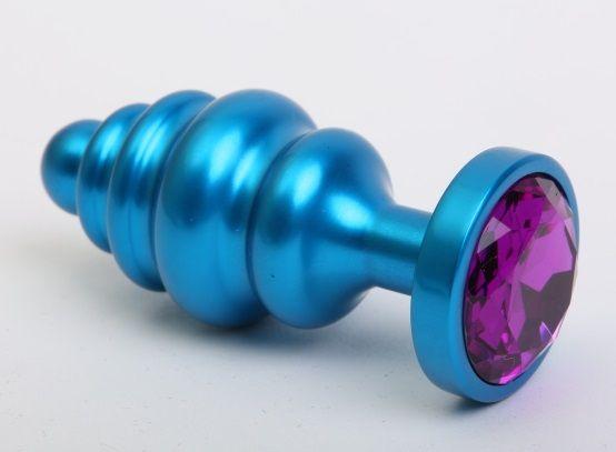 Синяя ребристая анальная пробка с фиолетовым кристаллом - 7