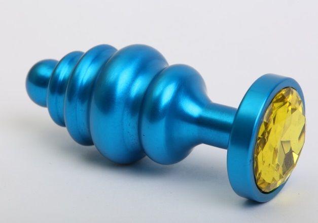 Синяя ребристая анальная пробка с жёлтым кристаллом - 7