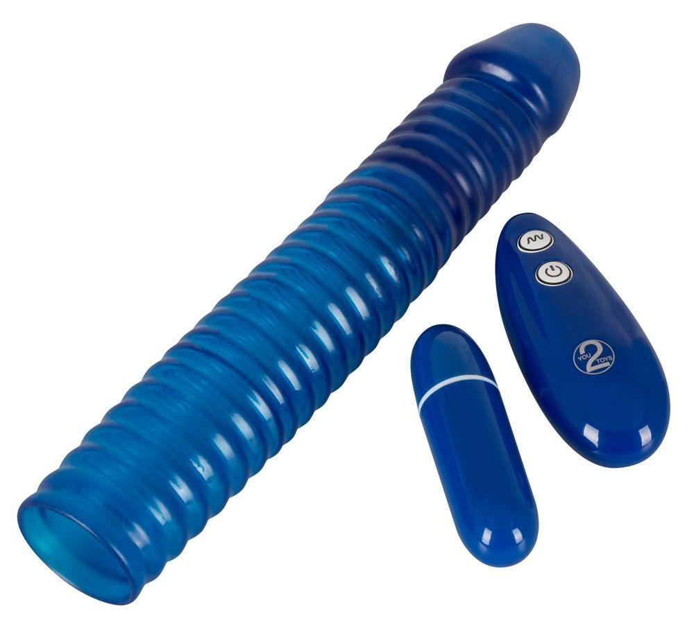 Синяя вибронасадка на пенис Vibrating Sleeve с пультом управления - 22