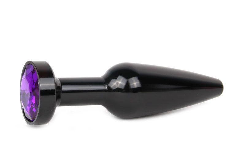 Удлиненная коническая гладкая черная анальная втулка с кристаллом фиолетового цвета - 11