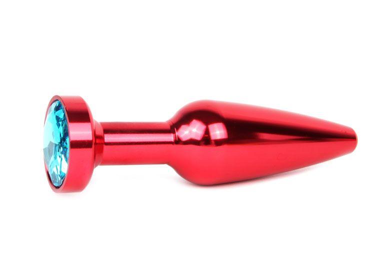 Удлиненная коническая гладкая красная анальная втулка с голубым кристаллом - 11