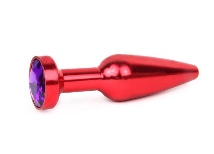 Удлиненная коническая гладкая красная анальная втулка с кристаллом фиолетового цвета - 11