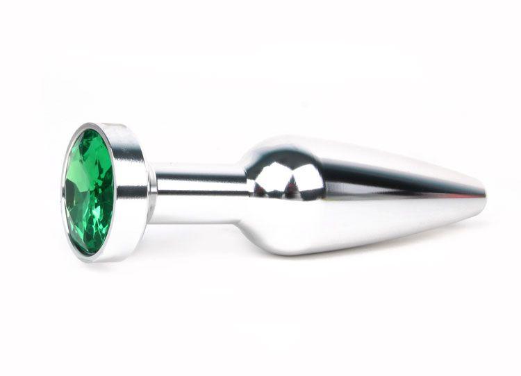 Удлиненная коническая гладкая серебристая анальная втулка с зеленым кристаллом - 11