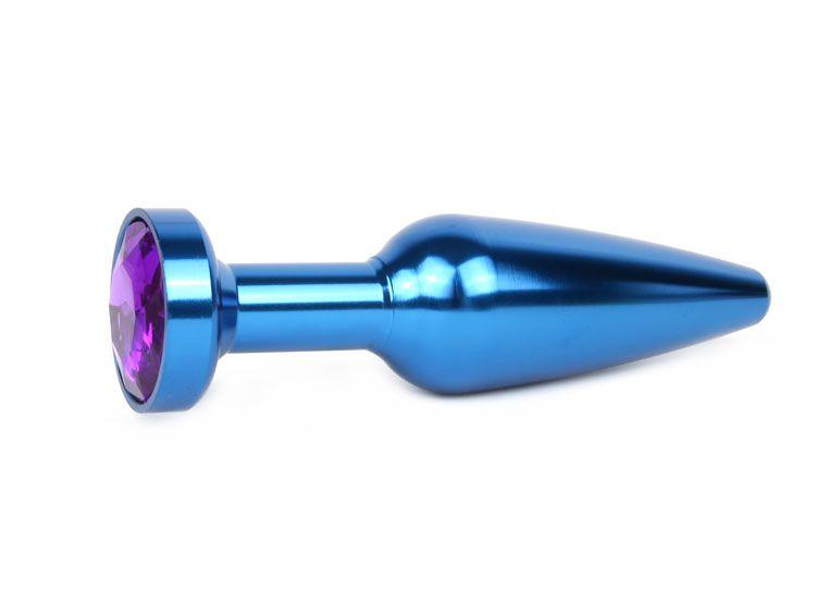 Удлиненная коническая гладкая синяя анальная втулка с кристаллом фиолетового цвета - 11
