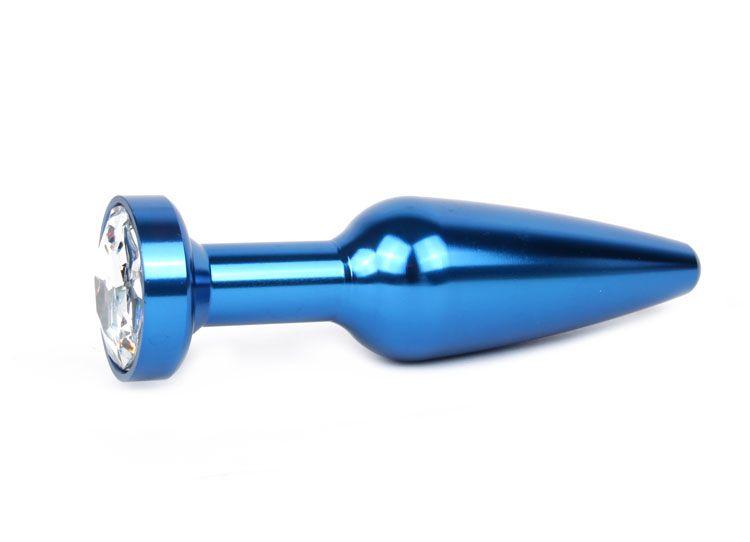 Удлиненная коническая гладкая синяя анальная втулка с прозрачным кристаллом - 11