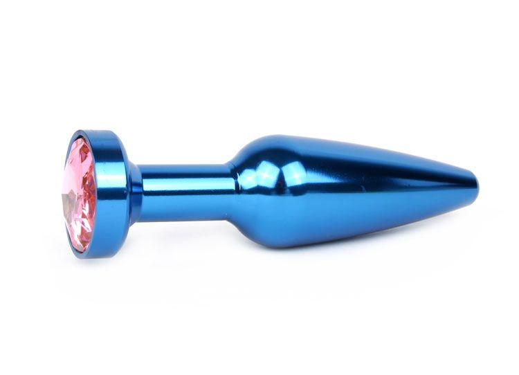 Удлиненная коническая гладкая синяя анальная втулка с розовым кристаллом - 11