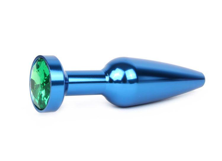 Удлиненная коническая гладкая синяя анальная втулка с зеленым кристаллом - 11