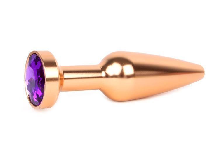 Удлиненная коническая гладкая золотистая анальная втулка с кристаллом фиолетового цвета - 11