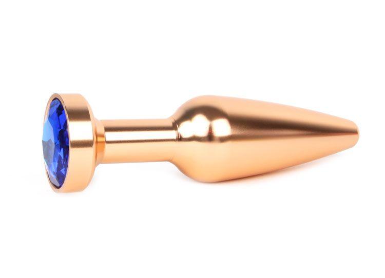 Удлиненная коническая гладкая золотистая анальная втулка с синим кристаллом - 11