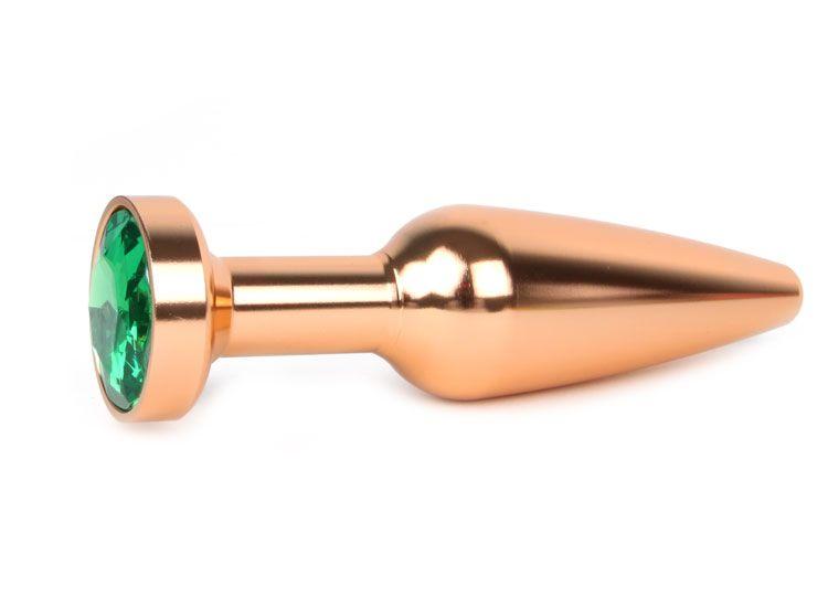 Удлиненная коническая гладкая золотистая анальная втулка с зеленым кристаллом - 11