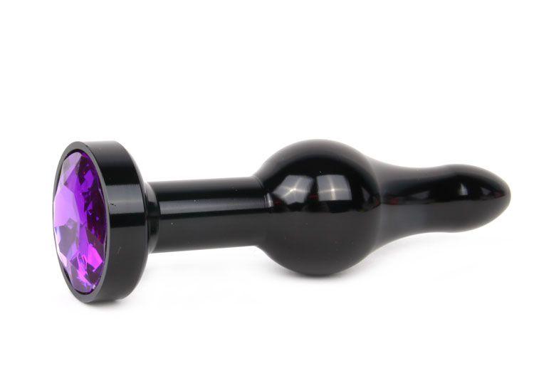 Удлиненная шарикообразная черная анальная втулка с кристаллом фиолетового цвета - 10