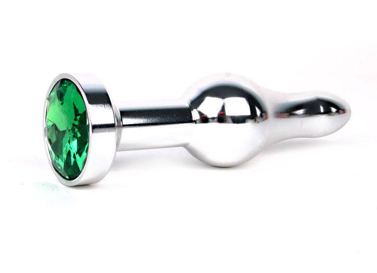 Удлиненная шарикообразная серебристая анальная втулка с зеленым кристаллом - 10