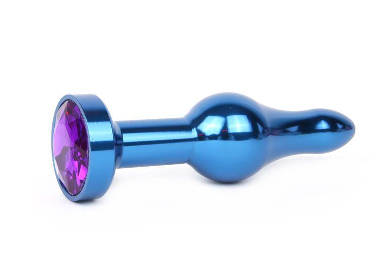 Удлиненная шарикообразная синяя анальная втулка с кристаллом фиолетового цвета - 10