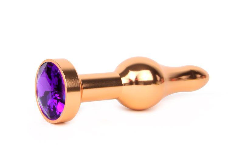 Удлиненная шарикообразная золотистая анальная втулка с кристаллом фиолетового цвета - 10
