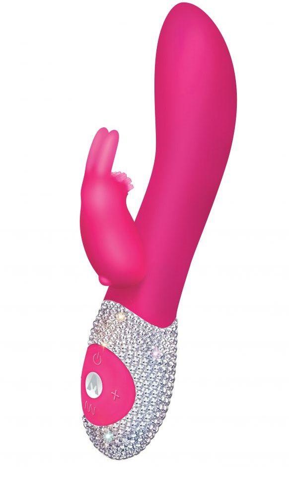 Ярко-розовый вибромассажёр с клиторальным отростком и отделанной стразами рукоятью The Classic Rabbit - 22 см.-5525