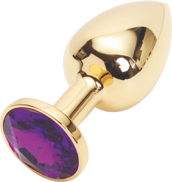 Золотистая анальная пробка с фиолетовым кристаллом размера S - 7 см.-10526