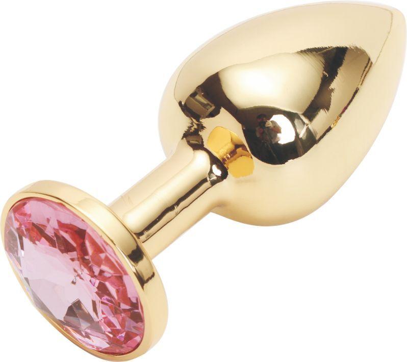 Золотистая анальная пробка с розовым кристаллом размера M - 8 см.-10515