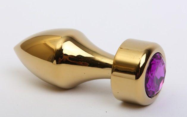 Золотистая анальная пробка с широким основанием и фиолетовым кристаллом - 7