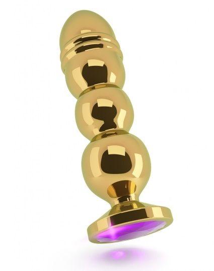 Золотистая фигурная анальная пробка R10 RICH Gold/Purple с фиолетовым кристаллом - 14