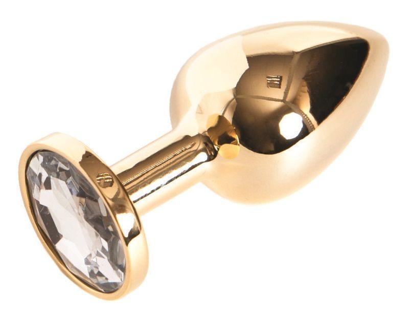 Золотистая маленькая анальная втулка с прозрачным кристаллом - 6 см.-2612