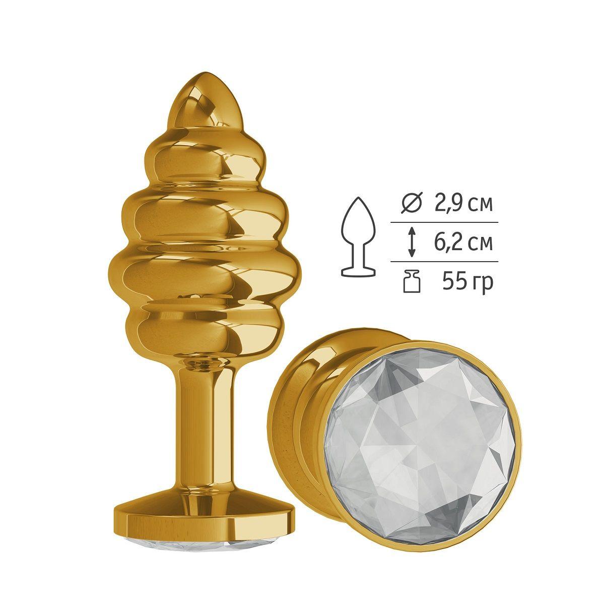 Золотистая пробка с рёбрышками и прозрачным кристаллом - 7 см.-11226