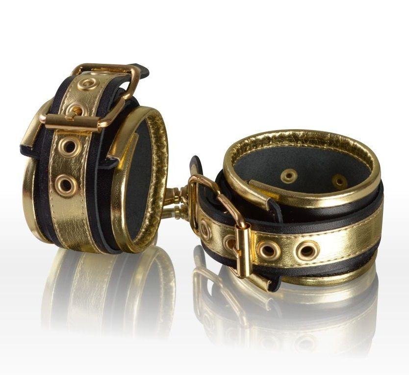 Золотисто-чёрные кожаные наручники-8161