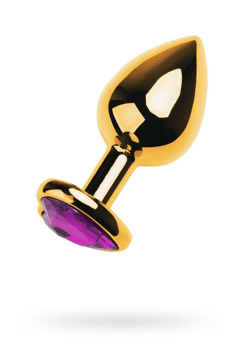Золотистый анальный плаг с фиолетовым кристаллом-сердцем - 8 см.-8329