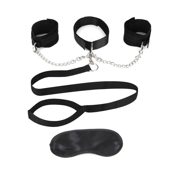 Чёрный ошейник с наручниками и поводком Collar Cuffs Leash Set-523
