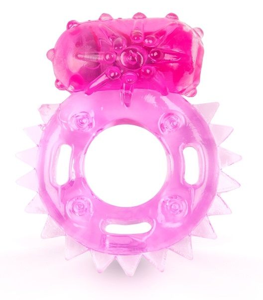 Розовое эрекционное кольцо c шипиками по кругу и вибропулей-2080