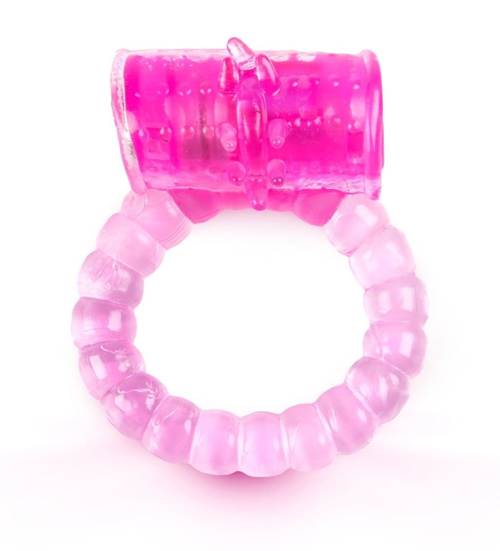 Розовое рельефное эрекционное кольцо с вибропулей-2147
