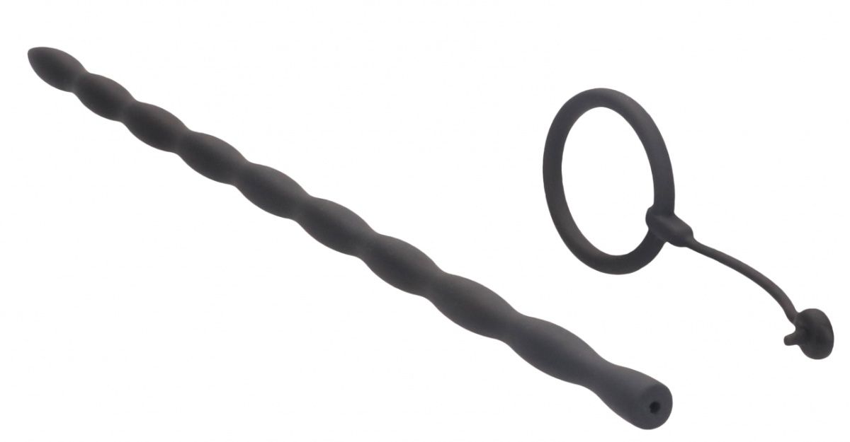 Черный стимулятор уретры с кольцом на головку Silicone Plug   Cock Ring Set