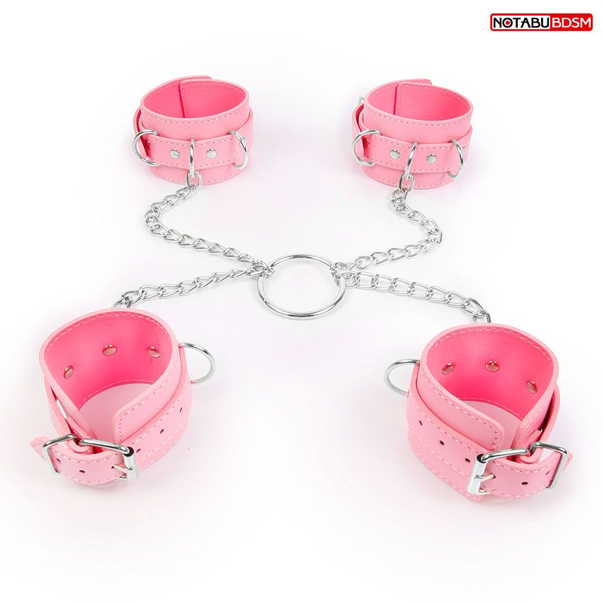 Комплект розовых наручников и оков на металлических креплениях с кольцом-