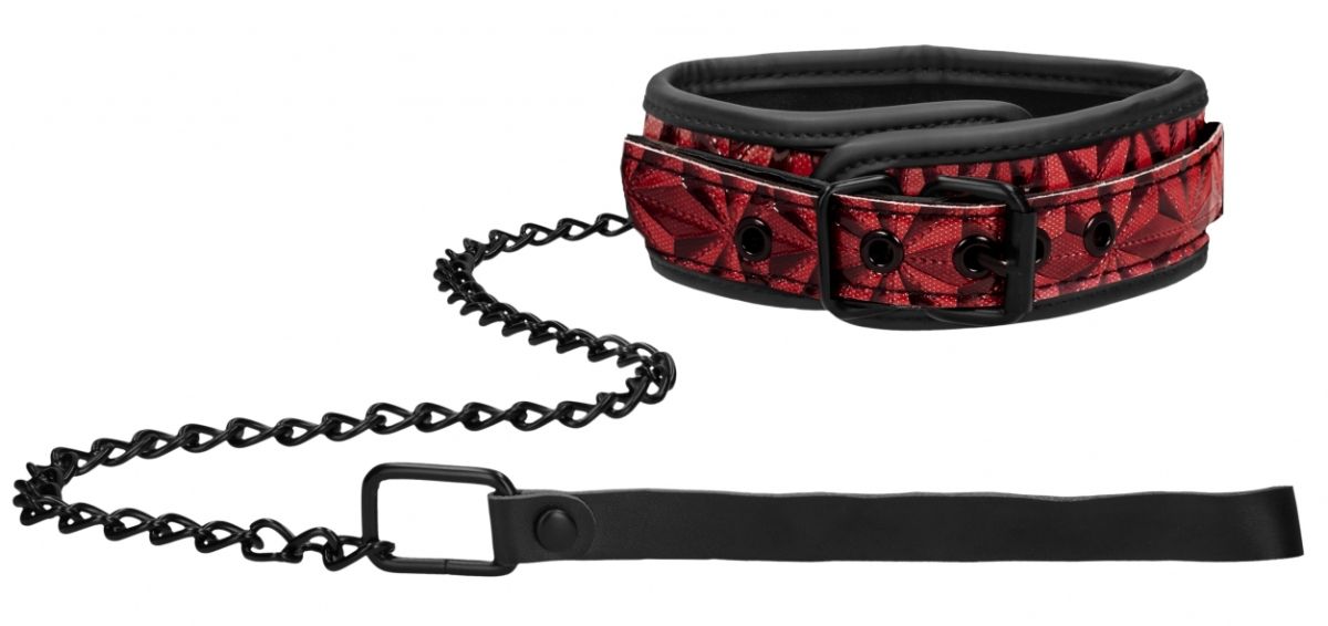 Красно-черный широкий ошейник с поводком Luxury Collar with Leash-
