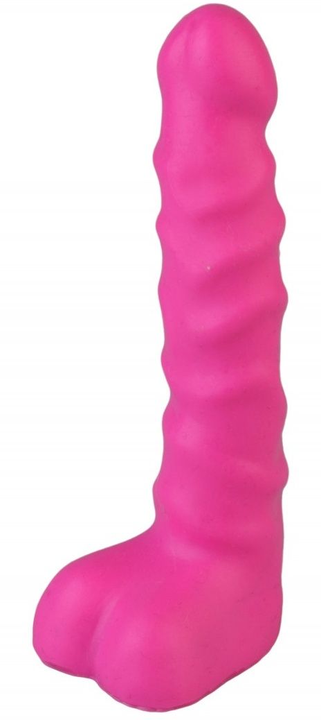 Ярко-розовый анальный стимулятор с мошонкой - 14 см.-