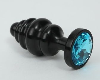 Черная фигурная анальная пробка с голубым кристаллом - 8