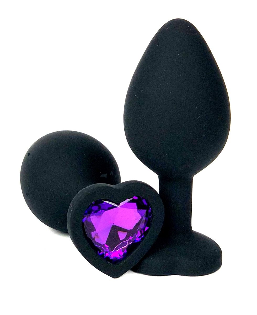 Черная силиконовая пробка с фиолетовым кристаллом-сердцем - 10
