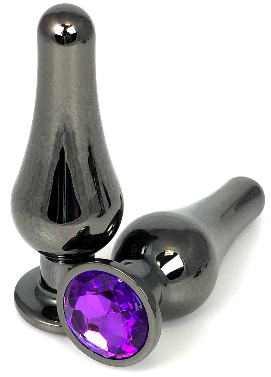 Черная удлиненная анальная пробка с фиолетовым кристаллом - 8 см.
