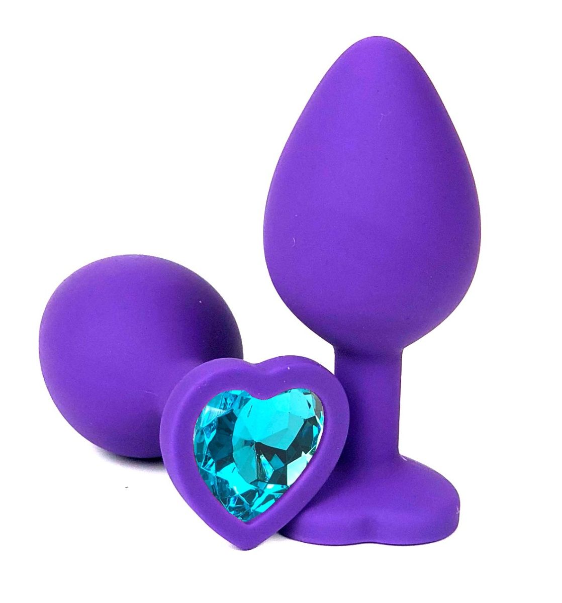 Фиолетовая силиконовая анальная пробка с голубым стразом-сердцем - 10