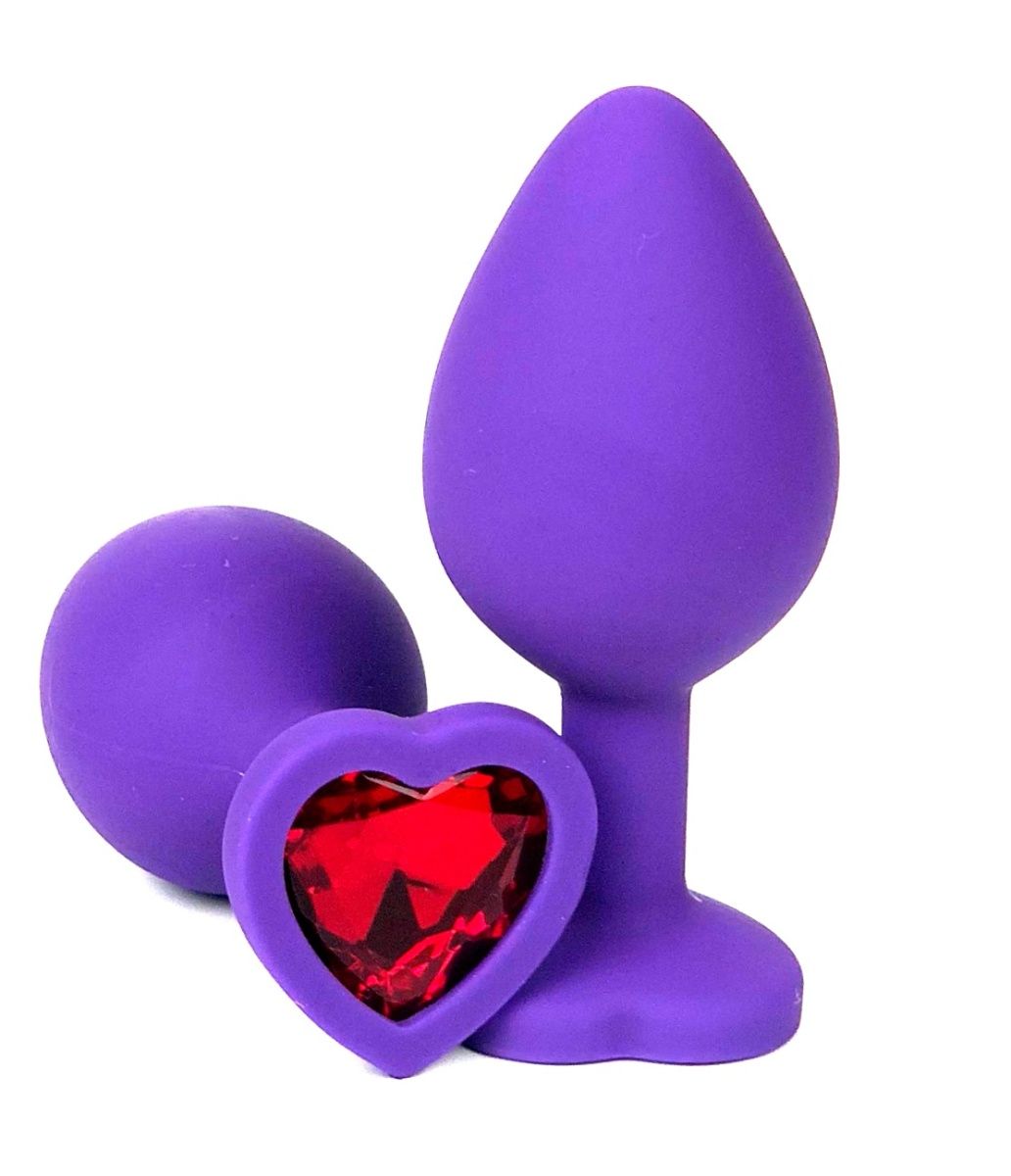 Фиолетовая силиконовая анальная пробка с красным стразом-сердцем - 10