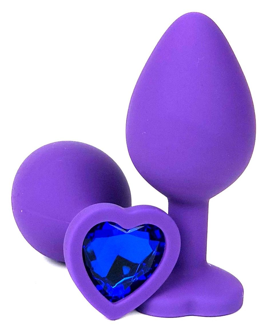 Фиолетовая силиконовая анальная пробка с синим стразом-сердцем - 10