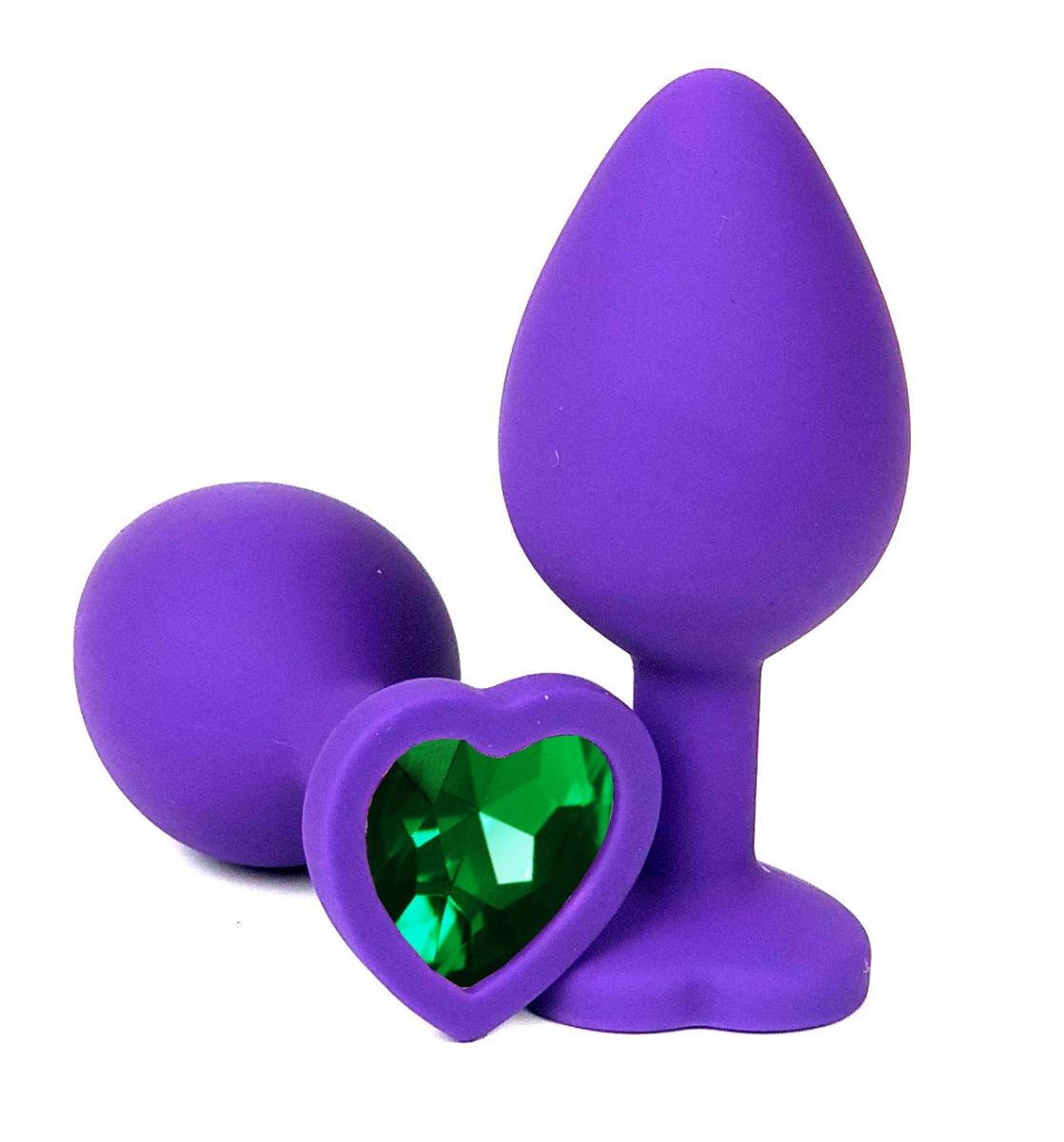 Фиолетовая силиконовая анальная пробка с зеленым стразом-сердцем - 10
